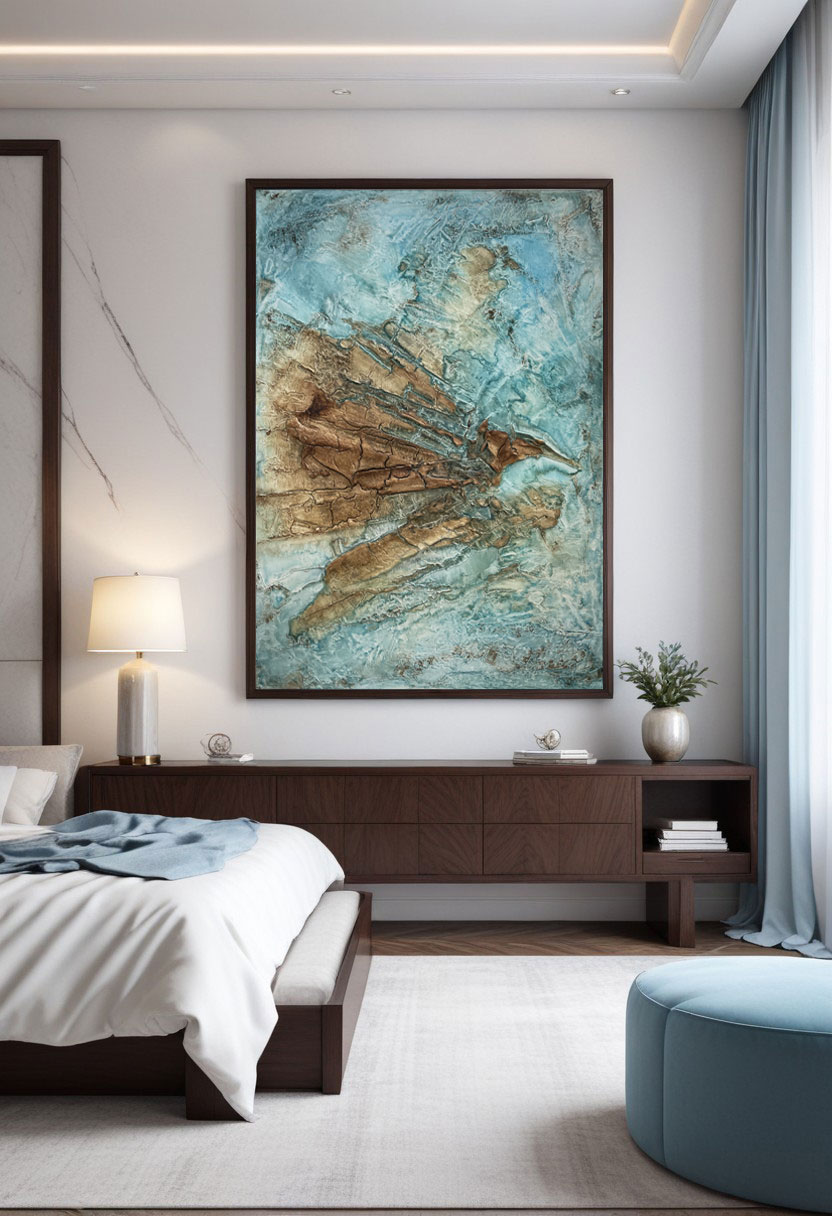 Blue Depths & Brown Heights structural abstract painting mixed media on canvas