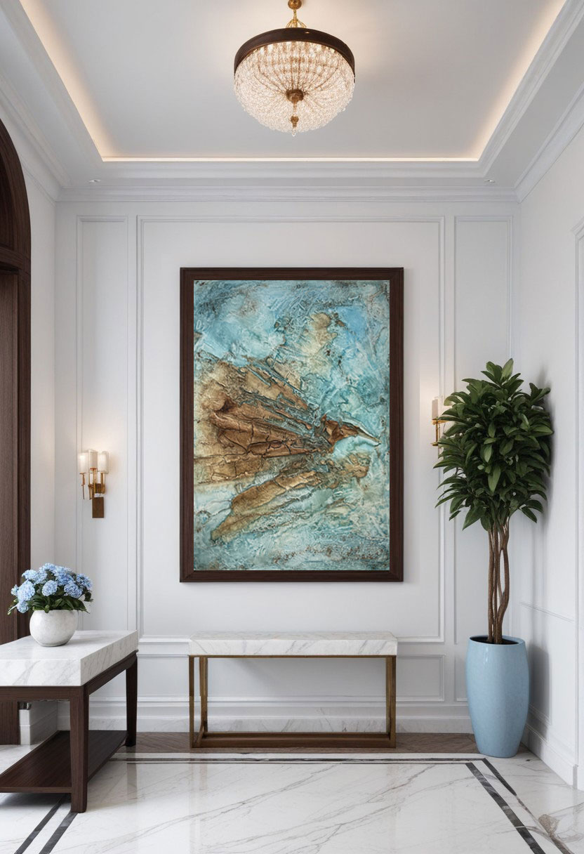 Blue Depths & Brown Heights structural abstract painting mixed media on canvas