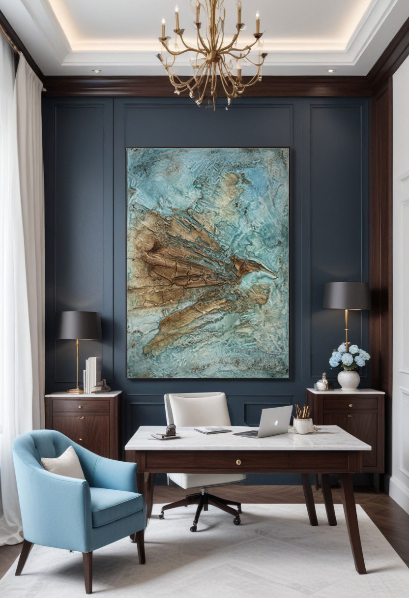 Blue Depths & Brown Heights structural abstract painting mixed media on canvas