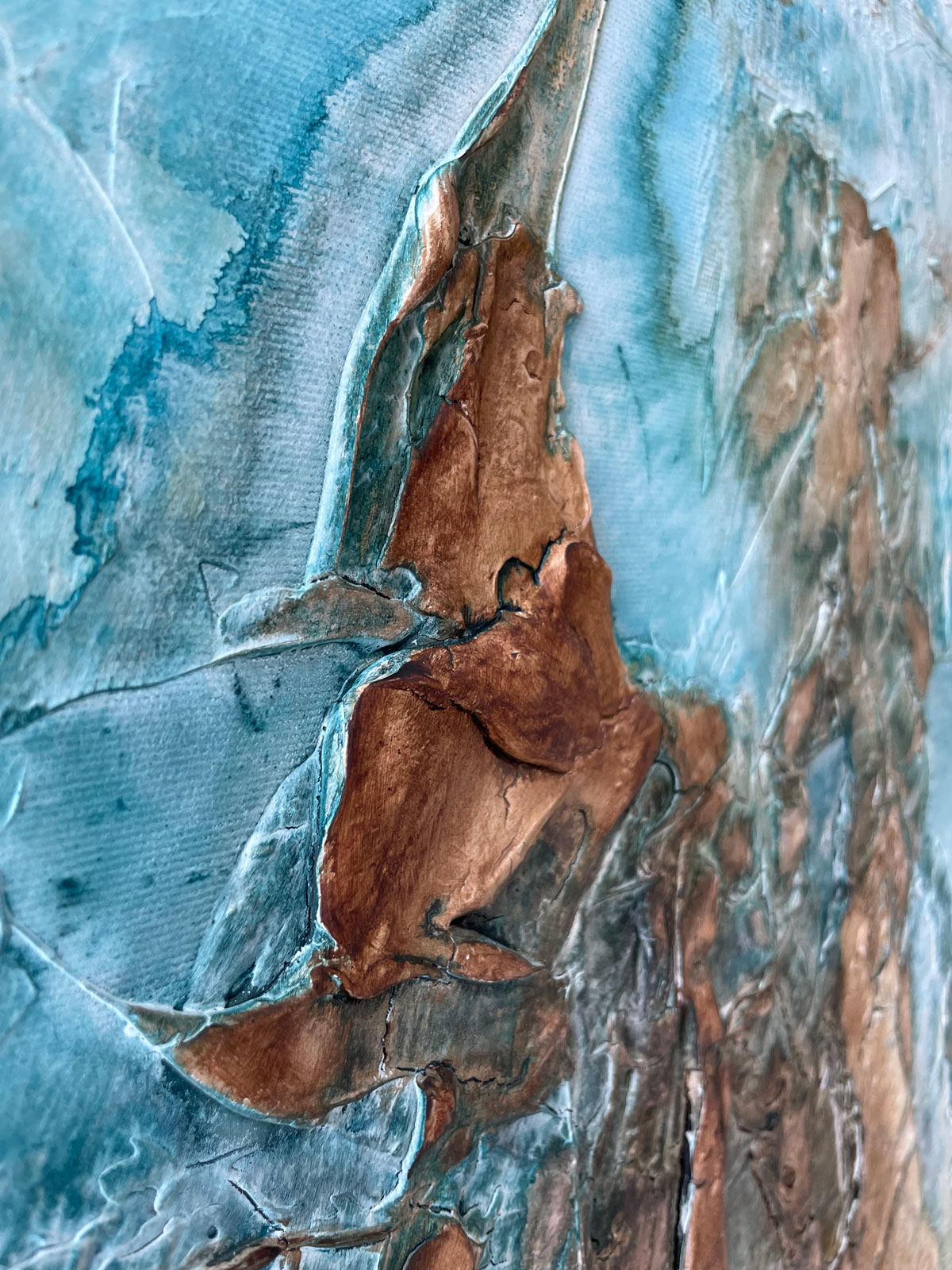 Blue Depths & Brown Heights structural abstract painting mixed media on canvas